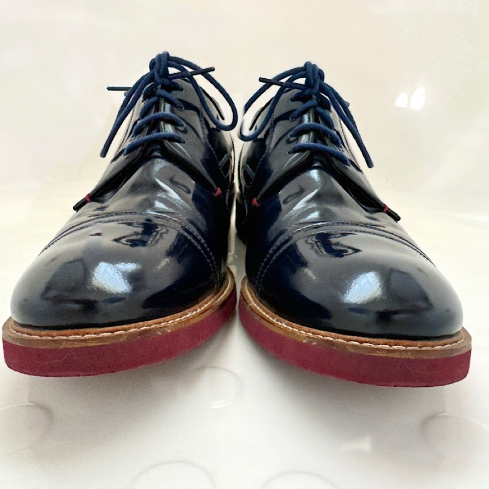 Ted Baker London, Blue Patent-Leather Cap Toe Shoes with Burgundy Stitching